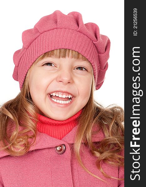 Portrait of a pretty little girl in sweater on white background