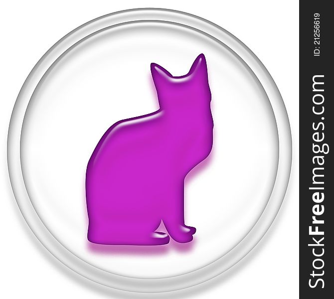 An image of a white button with a purple colored cat in the center. An image of a white button with a purple colored cat in the center