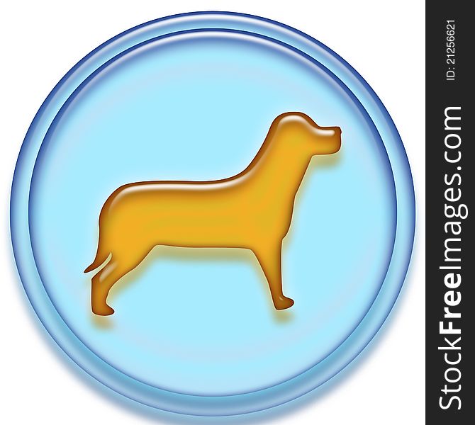 An image of a blue button with an amber colored dog in the center. An image of a blue button with an amber colored dog in the center