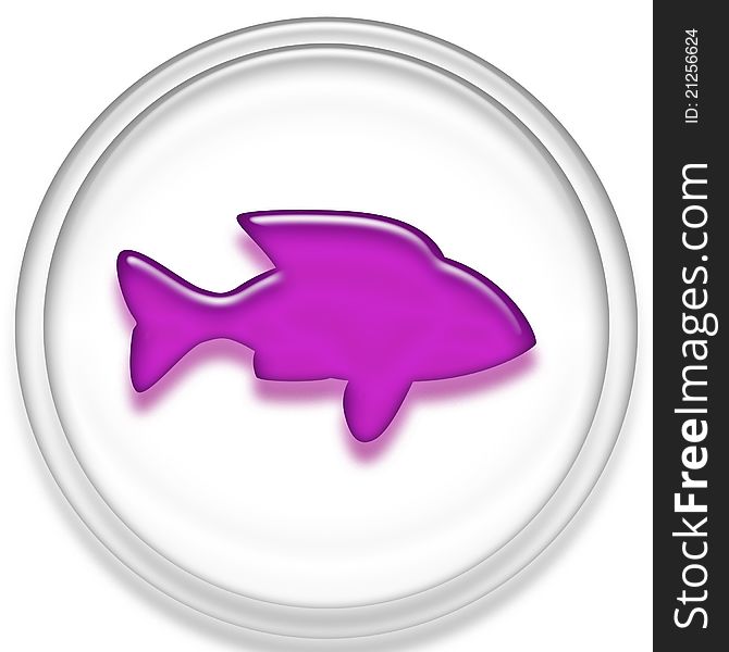 An image of a white button with a purple colored fish in the center. An image of a white button with a purple colored fish in the center