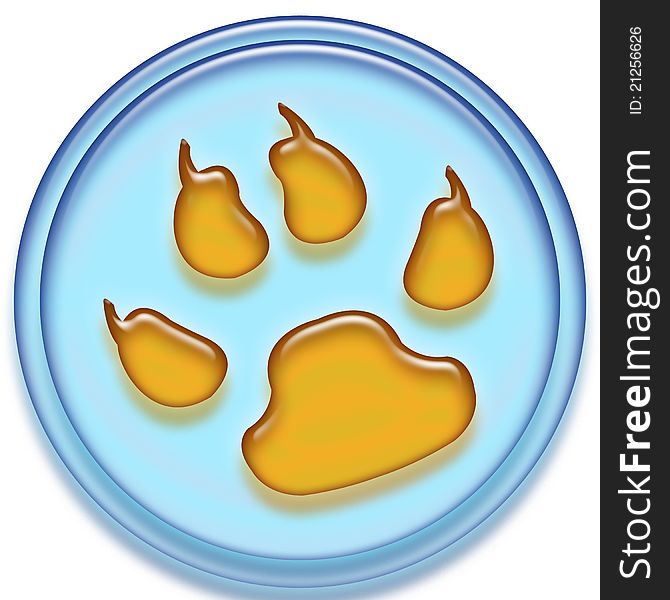 An image of a blue button with an amber colored paw print in the center. An image of a blue button with an amber colored paw print in the center