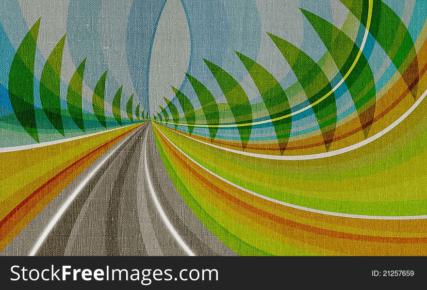 Abstract landscape on canvas with multicolored shapes green, yellow, blue and stylize trees