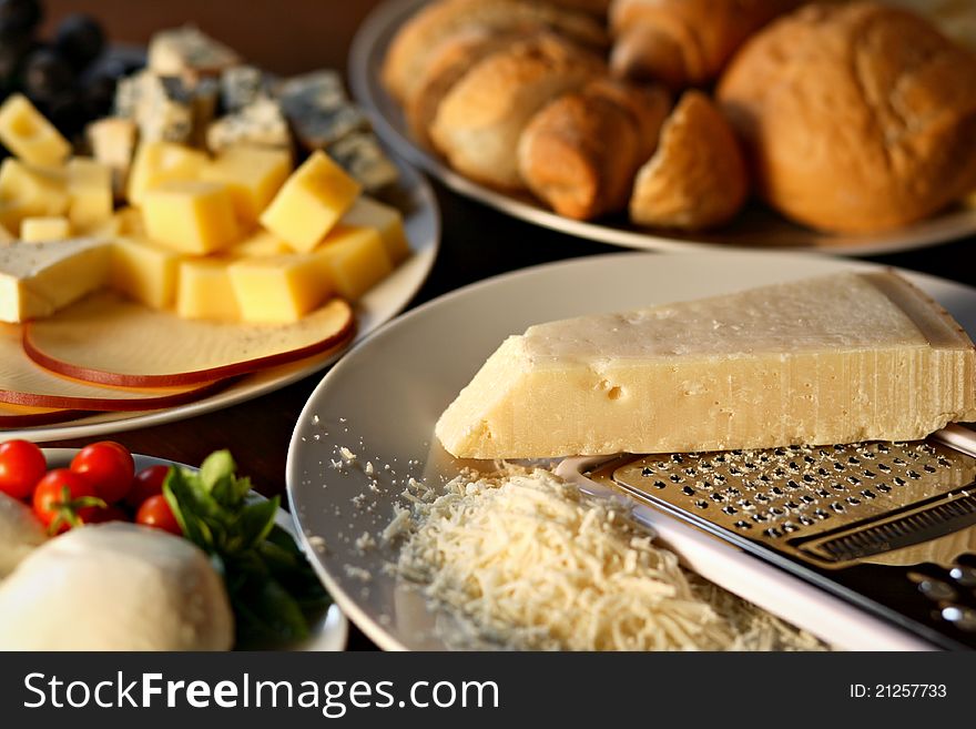 Various types of cheese and bread. Various types of cheese and bread