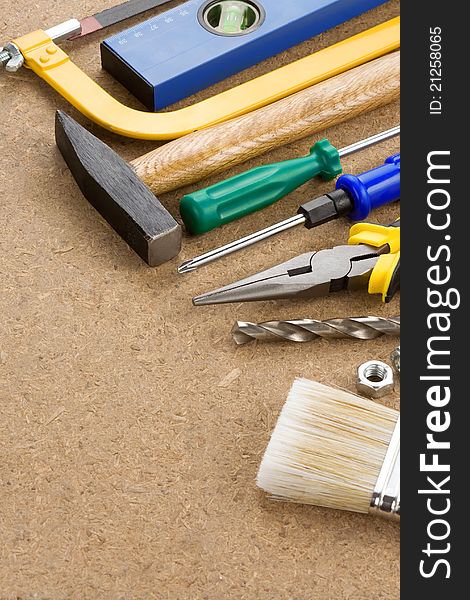 Tools and instruments on wood texture