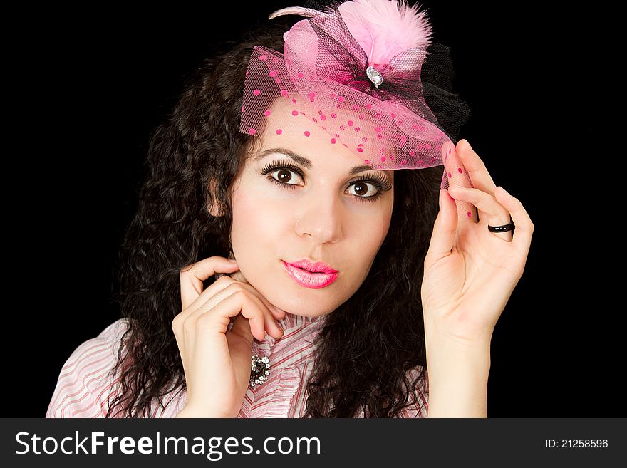 Woman retro revival portrait.girl in hat in black background. Woman retro revival portrait.girl in hat in black background