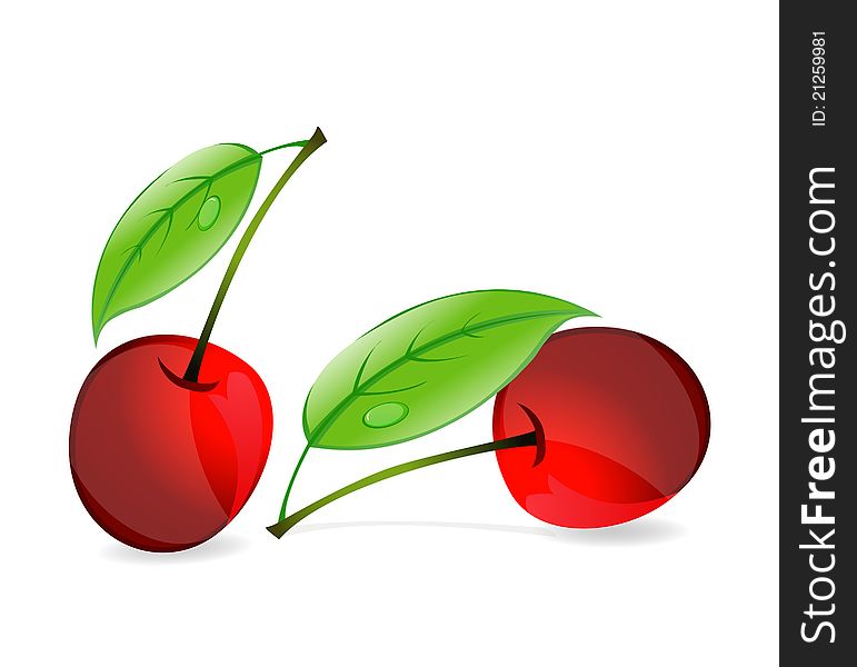 Two red cherry sign and green leaf isolated