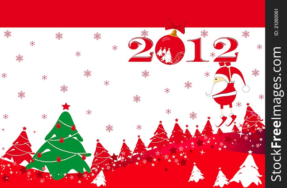 New Year's(Christmas) card of red color with a green tree and an inscription 2012. New Year's(Christmas) card of red color with a green tree and an inscription 2012