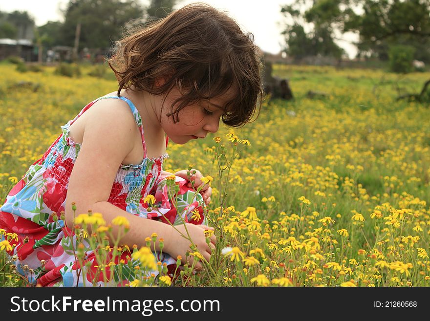 Young girl walking through a meadow in springtime