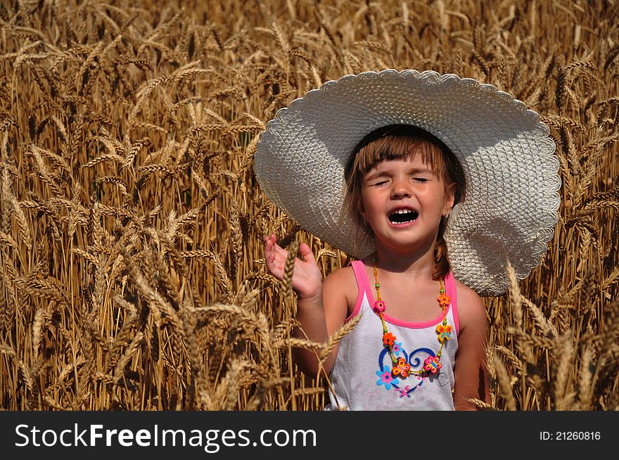 Beautiful girl in a grain field with a hat