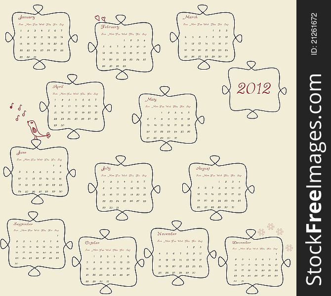 Retro 2012 calendar with small doodles