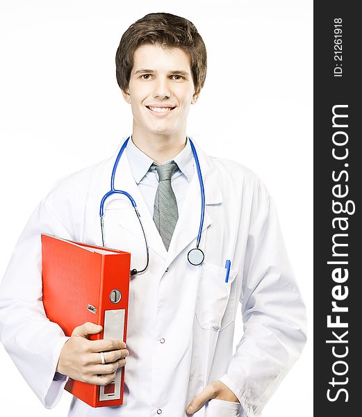 Young doctor isolated on white with a stethoscope. Young doctor isolated on white with a stethoscope