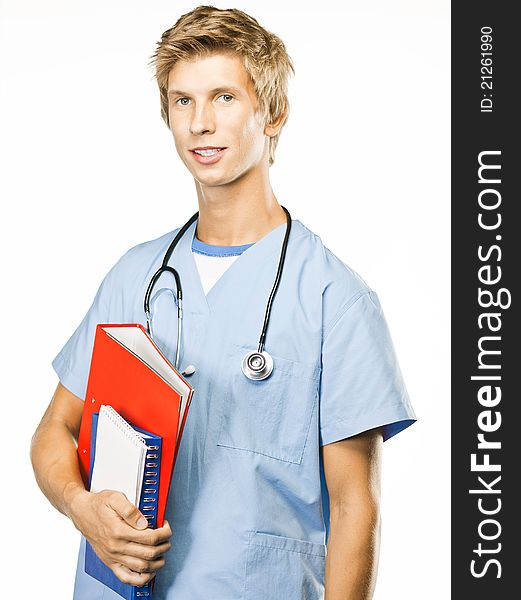 Young doctor isolated on white with a stethoscope. Young doctor isolated on white with a stethoscope