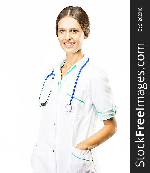 Young doctor isolated on white with a stethoscope. Young doctor isolated on white with a stethoscope