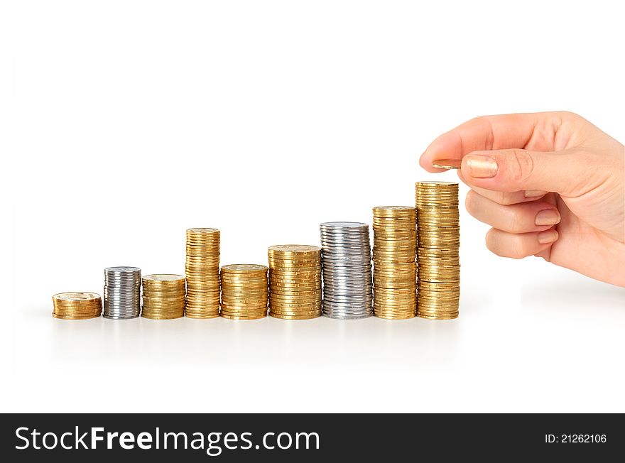 Hand put coin to money staircase on white background