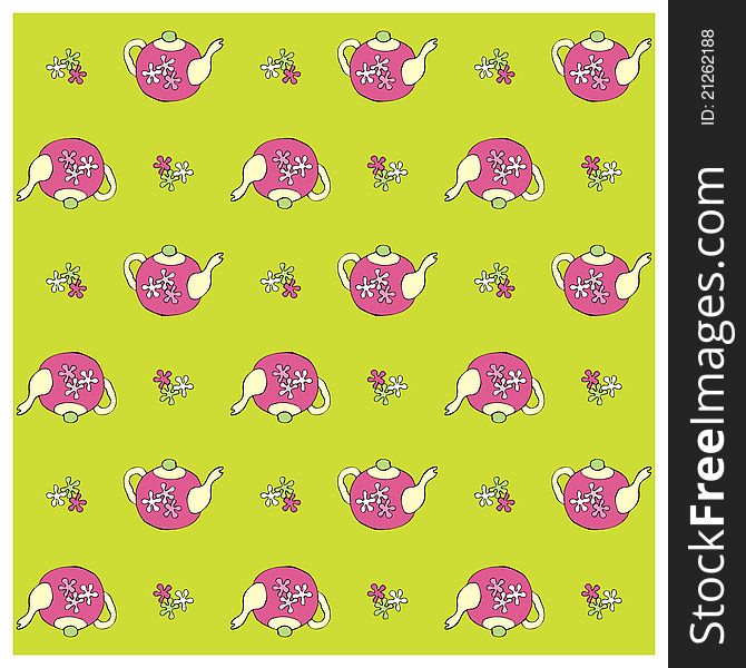 Seamless vector background with hand drawn flowers and tea pots. For easy making seamless pattern just drag all group into swatches bar, and use it for filling any contours.