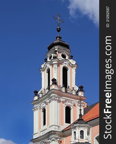 Fragment of Catholic Church St. Catherine in baroque style with great number architectural details and embellishments. Vilnius, Lithuania. St. Catherine. Fragment of Catholic Church St. Catherine in baroque style with great number architectural details and embellishments. Vilnius, Lithuania. St. Catherine