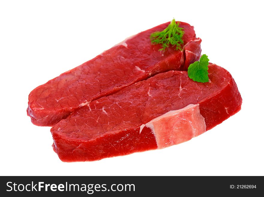 Raw Steaks With Herbs ,isolated On White