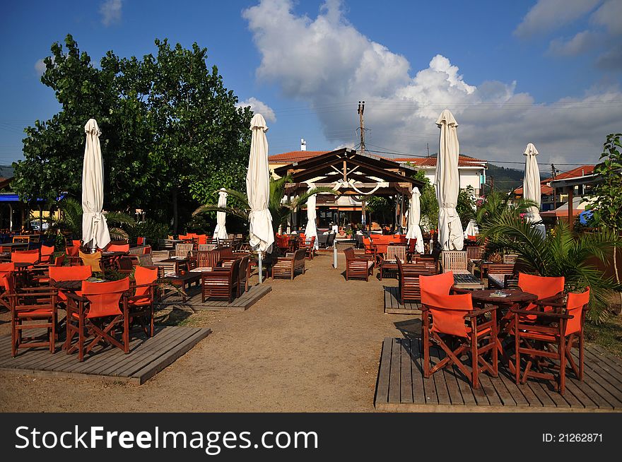 Greek cafe on the beach,terrace