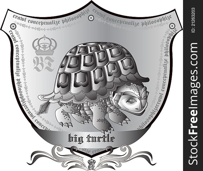 Coat of arms featuring a large turtle with a slogan. Coat of arms featuring a large turtle with a slogan