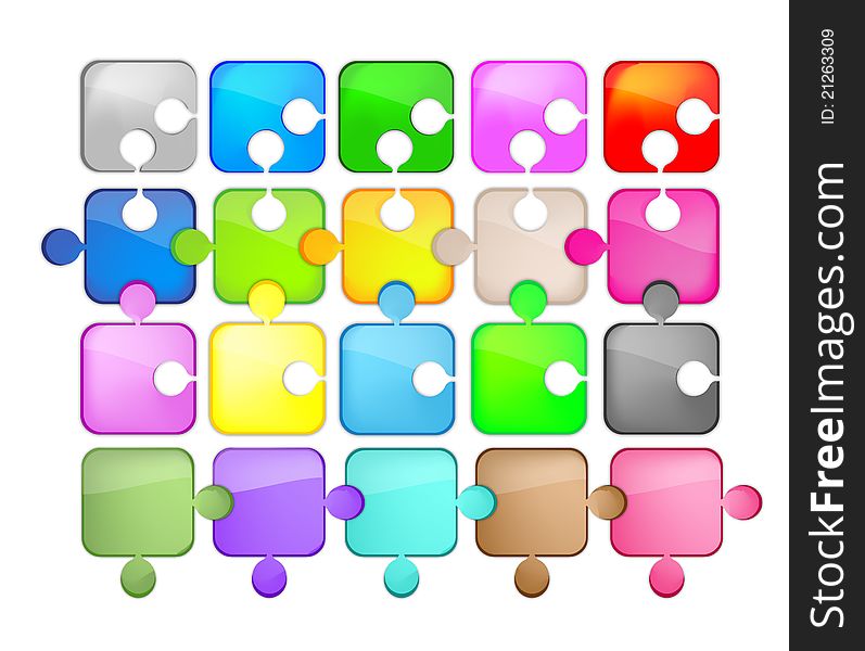 Twenty colored icons shaped puzzle effect glass. Twenty colored icons shaped puzzle effect glass