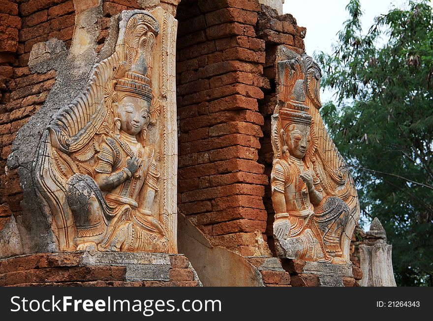 Detail of ancient temple ruins in Inthein, Myanmar