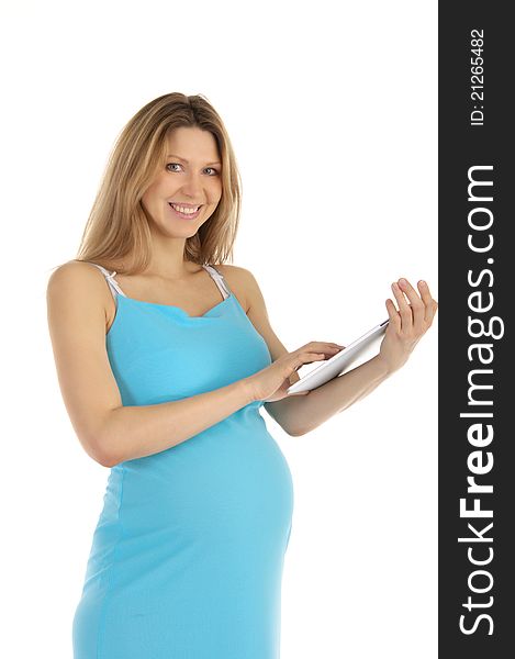 Happy Pregnant Woman With Tablet
