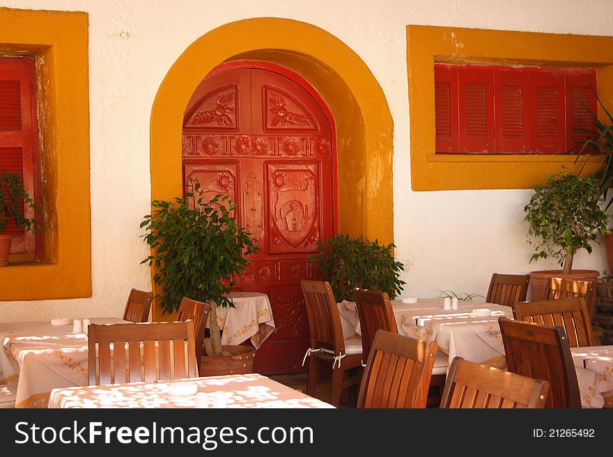 Red and orange interior of Greek restaurant. Red and orange interior of Greek restaurant