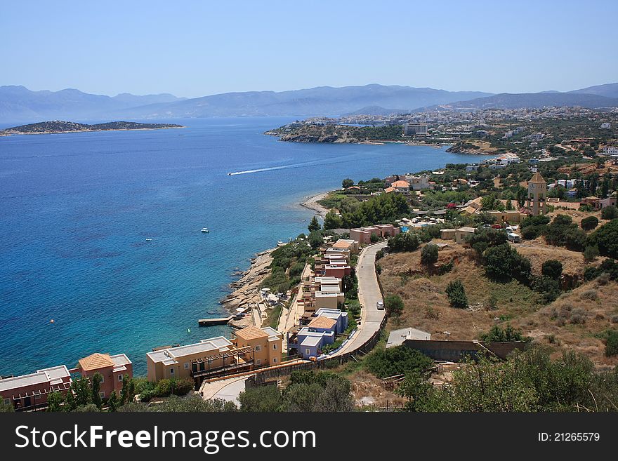 Panorama of coast in Agios Nikolaos town, Crete, Greece