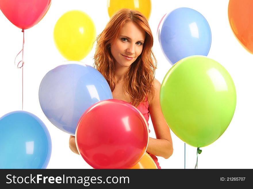 Happy cute woman with balloons. Happy cute woman with balloons