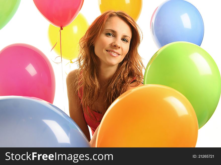 Happy cute woman with balloons. Happy cute woman with balloons