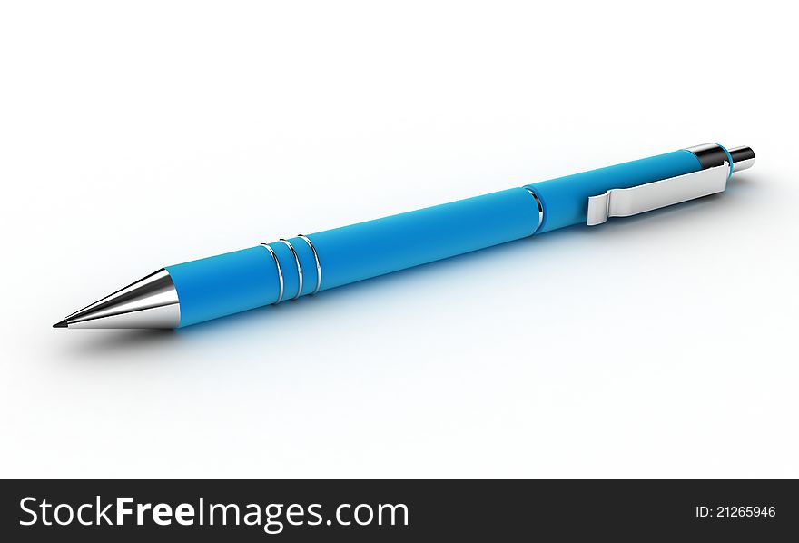 The blue pen lying on a white background. The blue pen lying on a white background