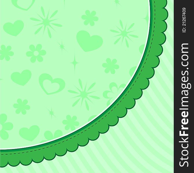 Abstract green background with hearts and flowers