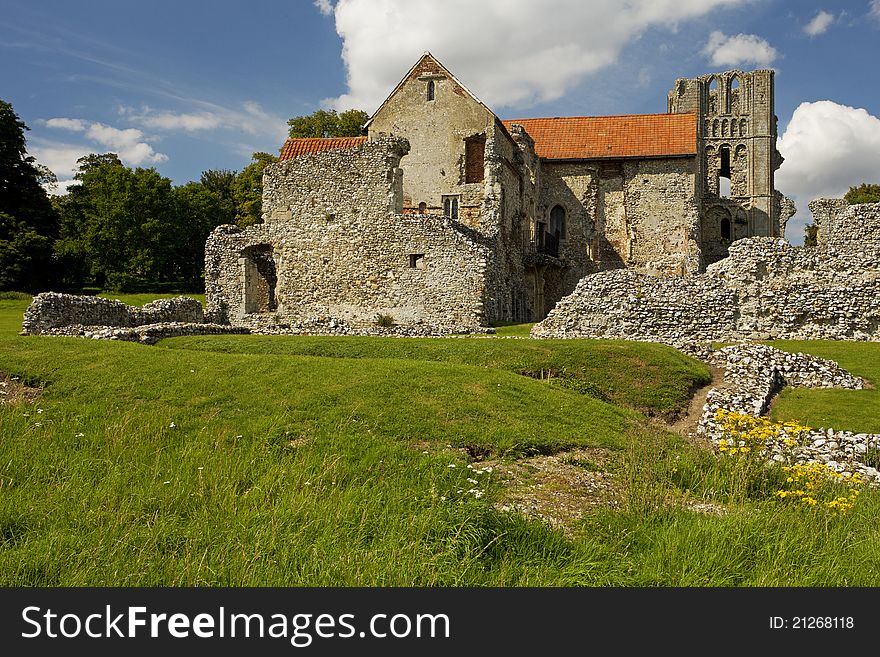 The main part of Castle Acre Priory with church and steeple still relatively intact