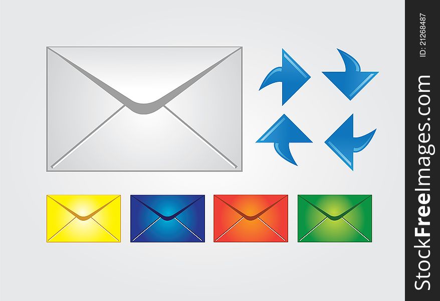 Envelopes in four different colors with blue arrows. Envelopes in four different colors with blue arrows