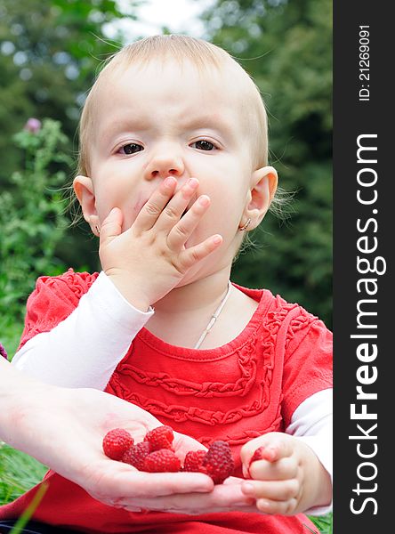 Year-old girl eating raspberries from mother's hand on the meadow