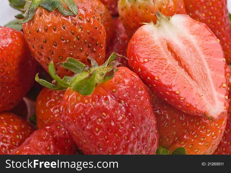 Strawberries in detail, one halved