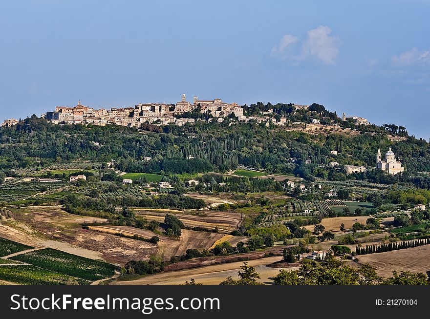 Tuscan village Montepulciano with landscape view
