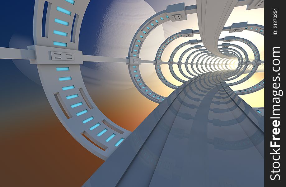 Render of a futuristic tunnel at sunrise. Render of a futuristic tunnel at sunrise