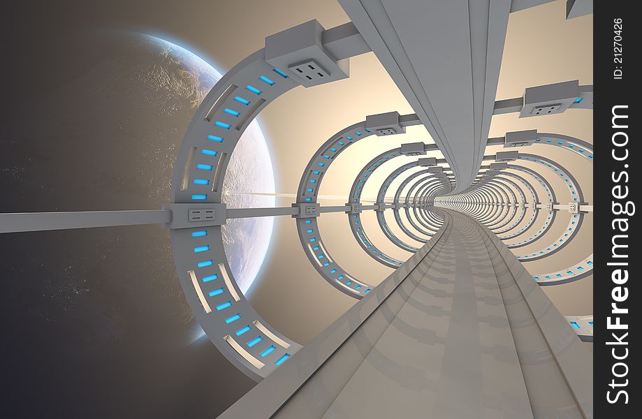 Render of a futuristic space bridge to earth