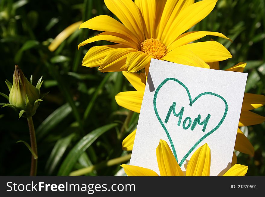 Flowers with a heart with the word Mom in it on a white paper sign. Flowers with a heart with the word Mom in it on a white paper sign.