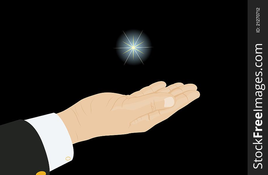 Human hand over a shining star. The illustration on a black background. Human hand over a shining star. The illustration on a black background.