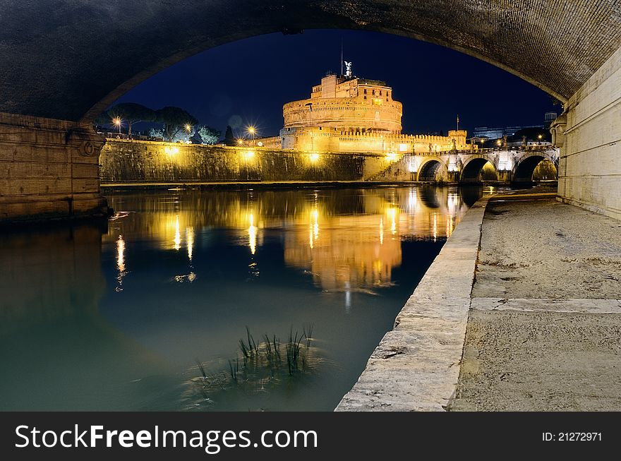 View of the fortress in Rome at night. View of the fortress in Rome at night