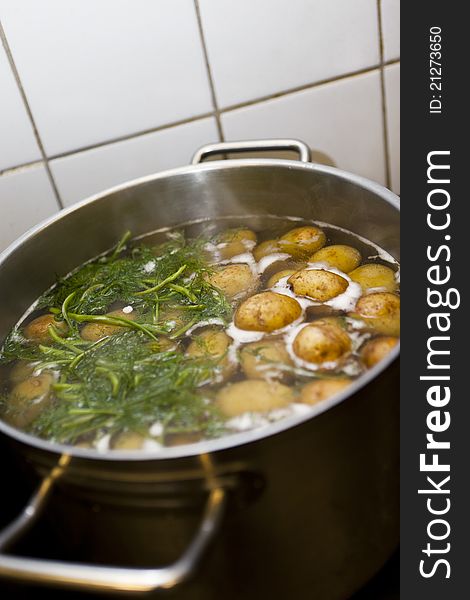 Boiling potatoes in a resturant kitchen