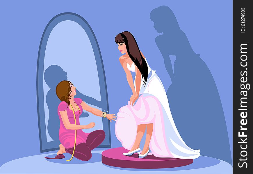 The bride tries on a wedding dress in the salon. Seamstress checks her work. The bride tries on a wedding dress in the salon. Seamstress checks her work.