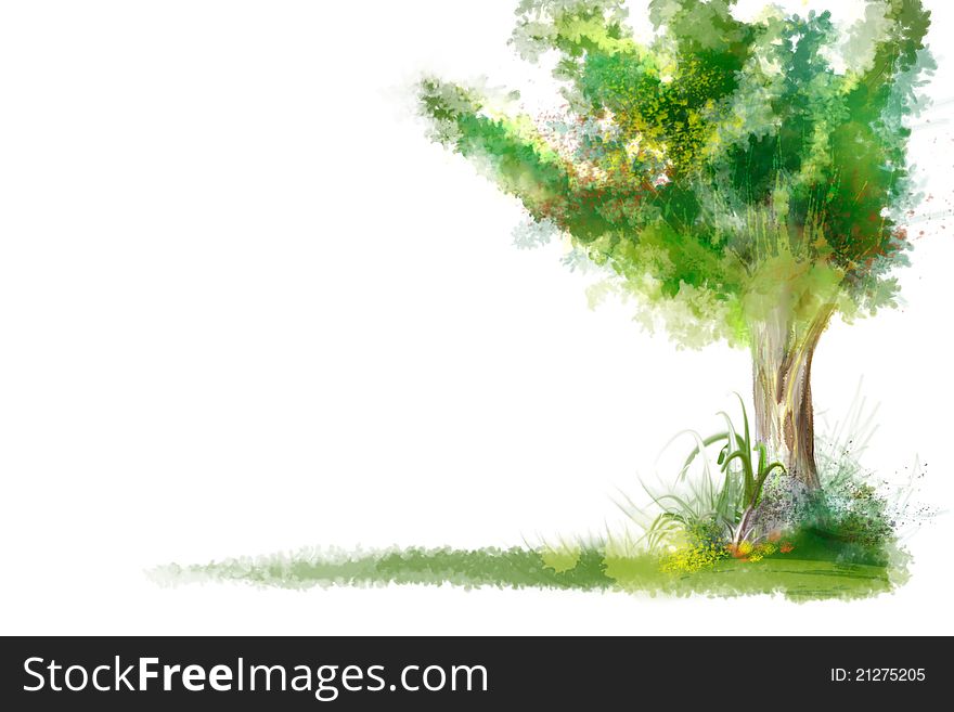 Artistic background with nature tree and grass painted. Left free space for your content.