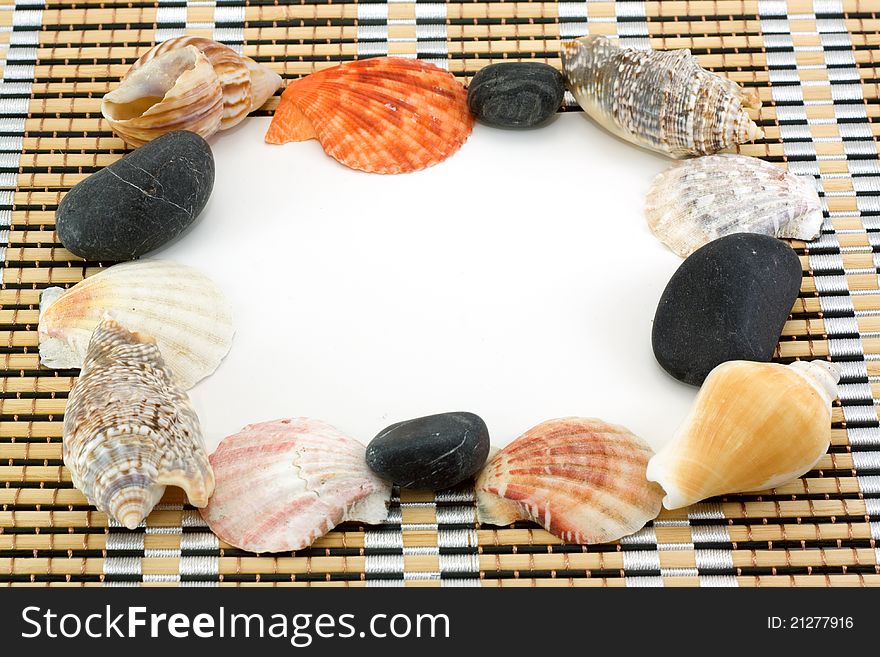 Postkard and sea shells with stones. travel. Postkard and sea shells with stones. travel