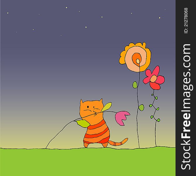 Cat, flowers