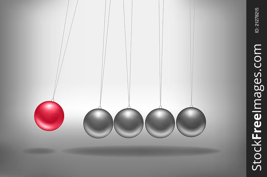 Newton's cradle with a red sphere. Concept of teamwork. Vector illustration.