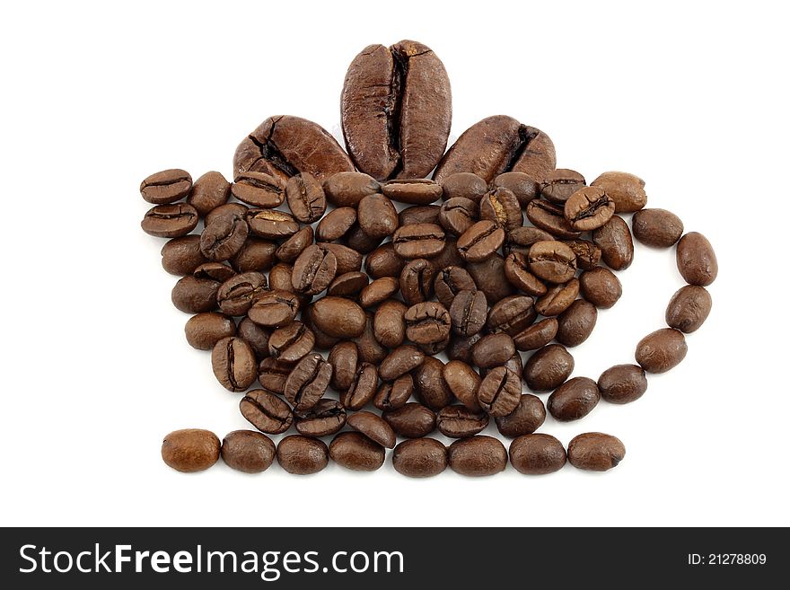 A cup structured by coffee beans containing big coffee beans on white background