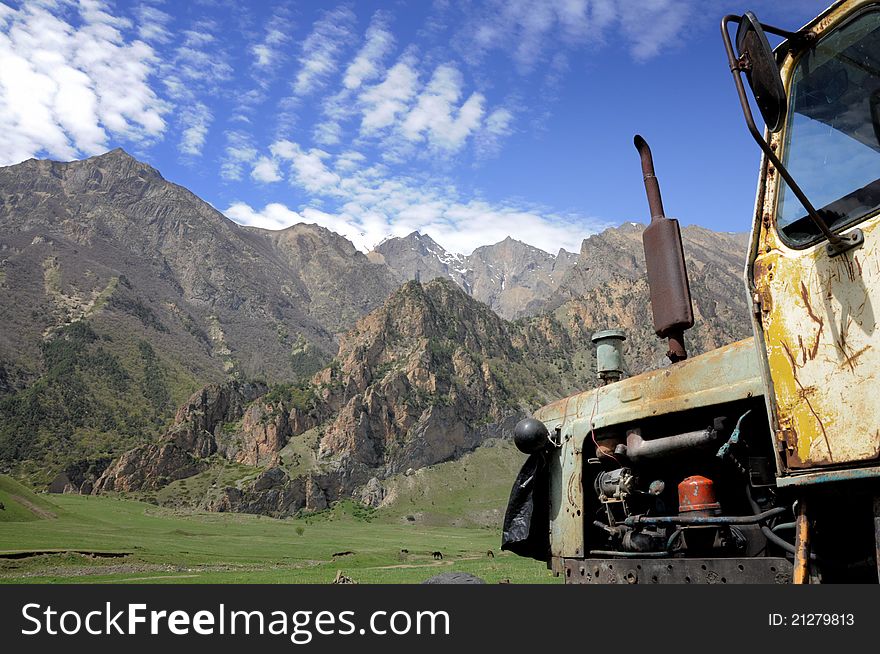 Caucasian mountains.Chegem gorge.Aging technology is used in mountain for construction. Caucasian mountains.Chegem gorge.Aging technology is used in mountain for construction